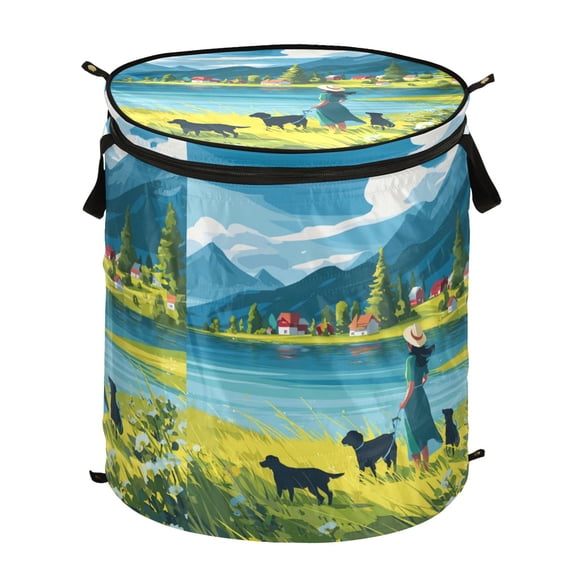 50L Extra Large Popup Hamper Collapsible Laundry Basket With Zippered Lid 15.7x18.5in Green Grass