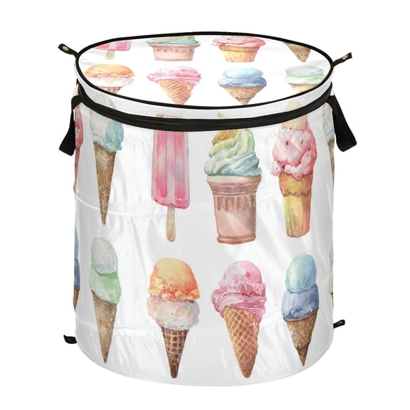 50L Extra Large Popup Hamper Collapsible Laundry Basket With Zippered Lid 15.7x18.5in Ice Cream