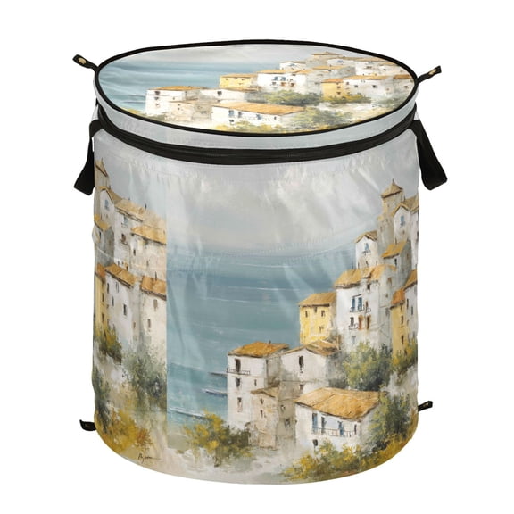 50L Extra Large Popup Hamper Collapsible Laundry Basket With Zippered Lid 15.7x18.5in Italian Coastal Village