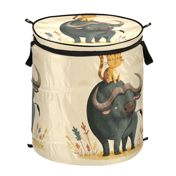 50L Extra Large Popup Hamper Collapsible Laundry Basket With Zippered Lid 15.7x18.5in Kitty and Buffalo in A Farm