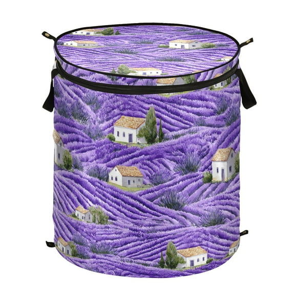 50L Extra Large Popup Hamper Collapsible Laundry Basket With Zippered Lid 15.7x18.5in Lavender Fields
