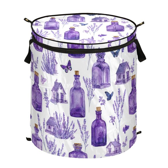 50L Extra Large Popup Hamper Collapsible Laundry Basket With Zippered Lid 15.7x18.5in Purple Glass Bottles