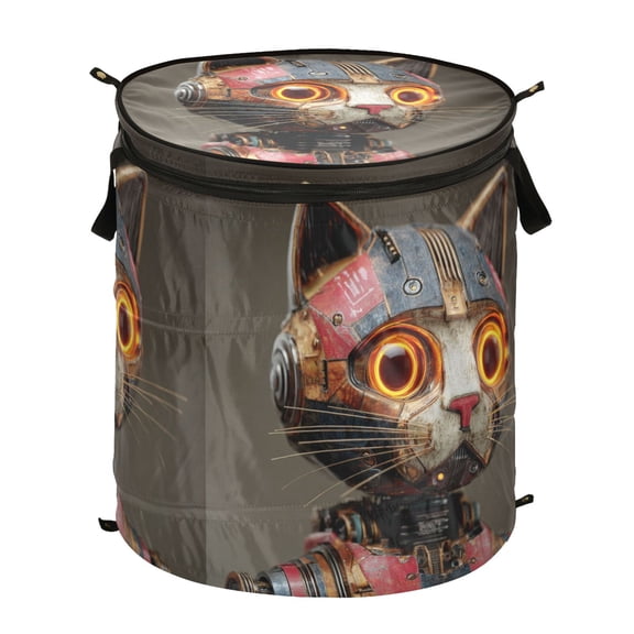 50L Extra Large Popup Hamper Collapsible Laundry Basket With Zippered Lid 15.7x18.5in Robot Cat