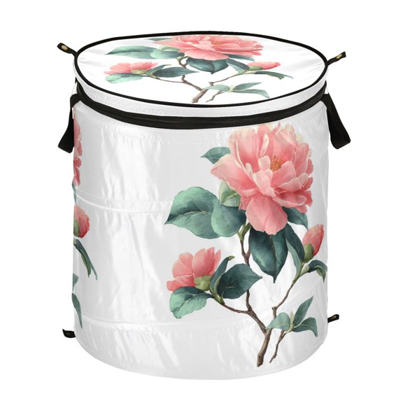 50L Extra Large Popup Hamper Collapsible Laundry Basket With Zippered Lid 15.7x18.5in Rosa Chinensis