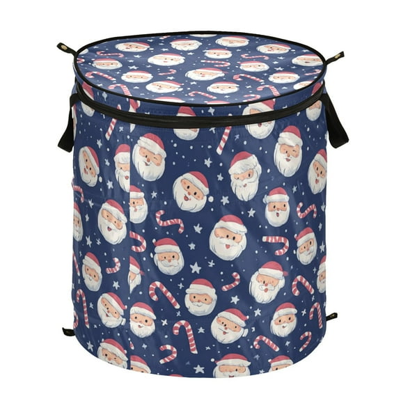 50L Extra Large Popup Hamper Collapsible Laundry Basket With Zippered Lid 15.7x18.5in Santa Candy Canes