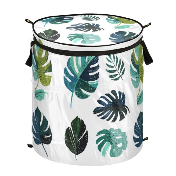 50L Extra Large Popup Hamper Collapsible Laundry Basket With Zippered Lid 15.7x18.5in Set Of Tropical Leaves Vector