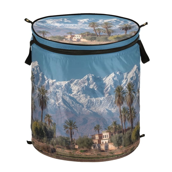 50L Extra Large Popup Hamper Collapsible Laundry Basket With Zippered Lid 15.7x18.5in Snow-covered High Mountains