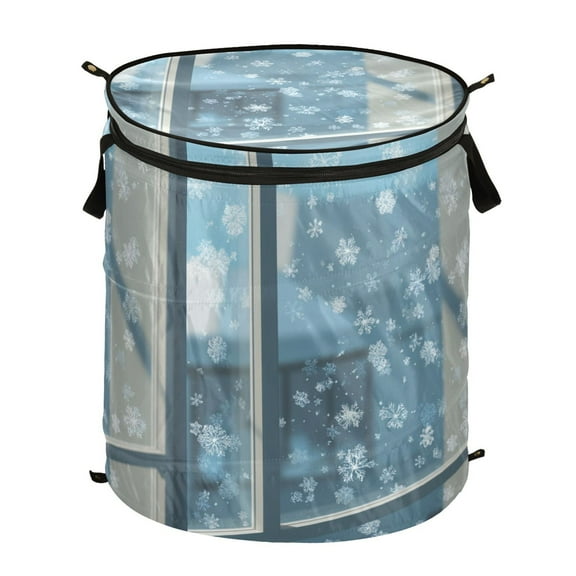 50L Extra Large Popup Hamper Collapsible Laundry Basket With Zippered Lid 15.7x18.5in Snowflakes Printed on The Window