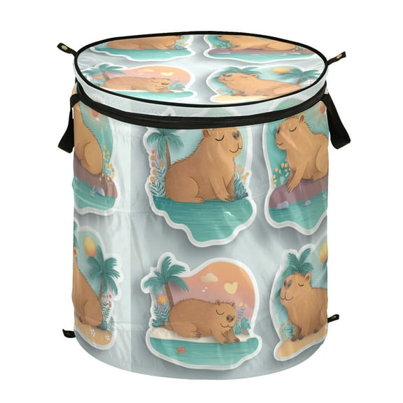 50L Extra Large Popup Hamper Collapsible Laundry Basket With Zippered Lid 15.7x18.5in Stickers with Capybaras