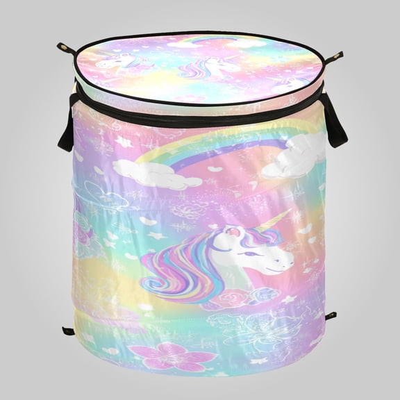 50L Extra Large Popup Hamper Collapsible Laundry Basket With Zippered Lid 15.7x18.5in Sweet Rainbow Unicorn Party