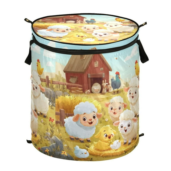 50L Extra Large Popup Hamper Collapsible Laundry Basket With Zippered Lid 15.7x18.5in The Chicks and Lambs