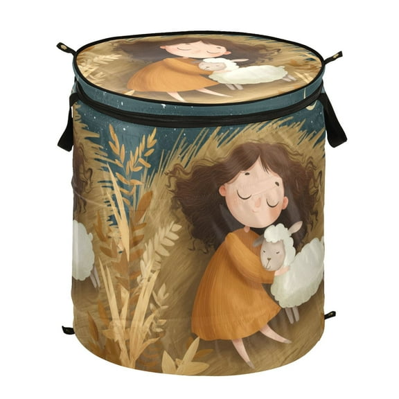 50L Extra Large Popup Hamper Collapsible Laundry Basket With Zippered Lid 15.7x18.5in The Girl Sleeps on Straw