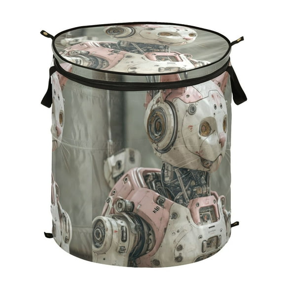 50L Extra Large Popup Hamper Collapsible Laundry Basket With Zippered Lid 15.7x18.5in The Robot Cat