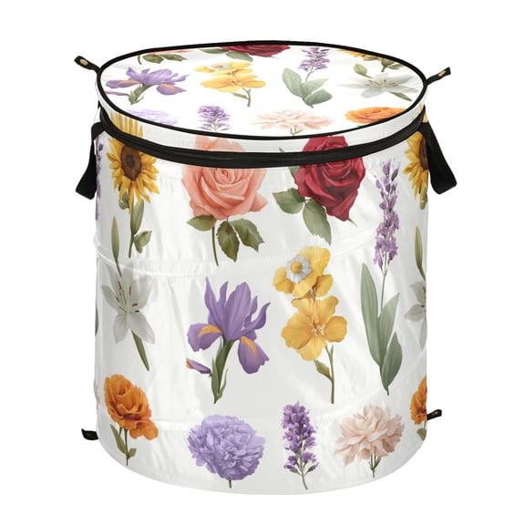 50L Extra Large Popup Hamper Collapsible Laundry Basket With Zippered Lid 15.7x18.5in Vector Florals