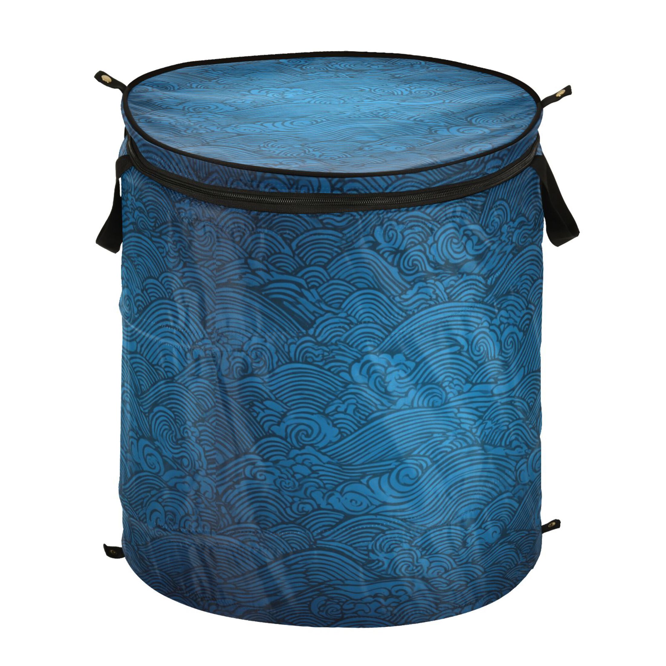 50L Extra Large Popup Hamper Collapsible Laundry Basket With Zippered Lid 15.7x18.5in Water Waves in Deep Blue