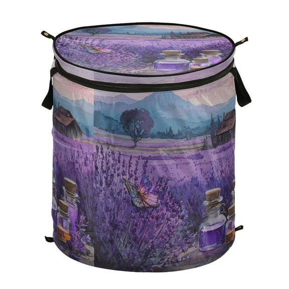 50L Extra Large Popup Hamper Collapsible Laundry Basket With Zippered Lid 15.7x18.5in Watercolor Of Lavender Fields