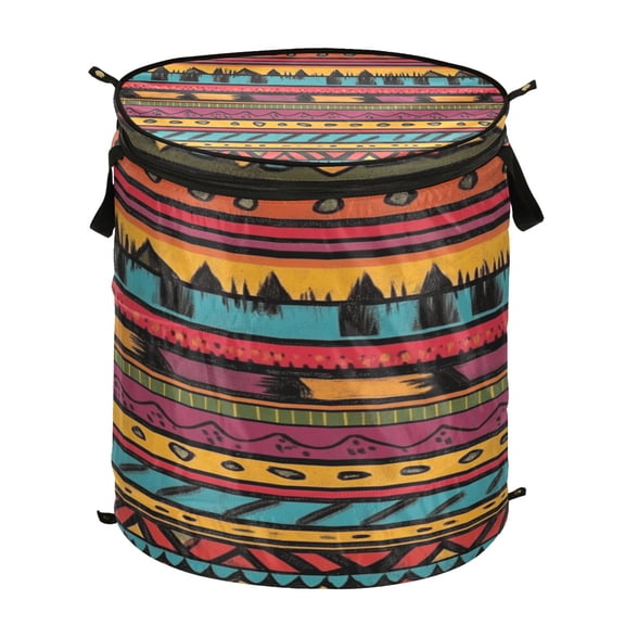50L Large Capacity Foldable Elastic Storage Basket Laundry Basket Colorful Ethnic Stripe Pattern