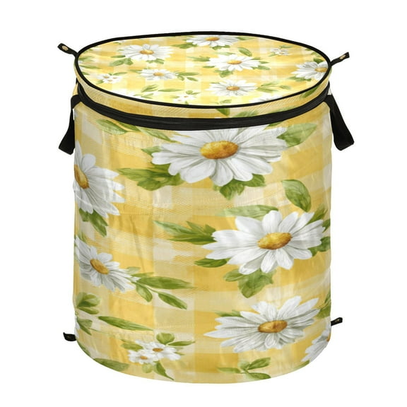 50L Large Capacity Foldable Elastic Storage Basket Laundry Basket Yellow Gingham with Daisies Pattern