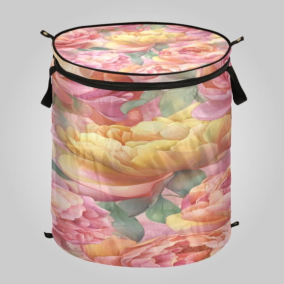 50L Large Capacity Foldable Laundry Basket, Elastic Storage Basket for Home Organization Blush Rose Gold Flowers