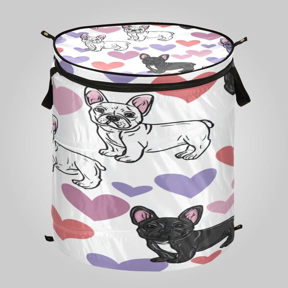 50L Large Capacity Foldable Laundry Basket, Elastic Storage Basket for Home Organization Cute Frenchie Heart Background