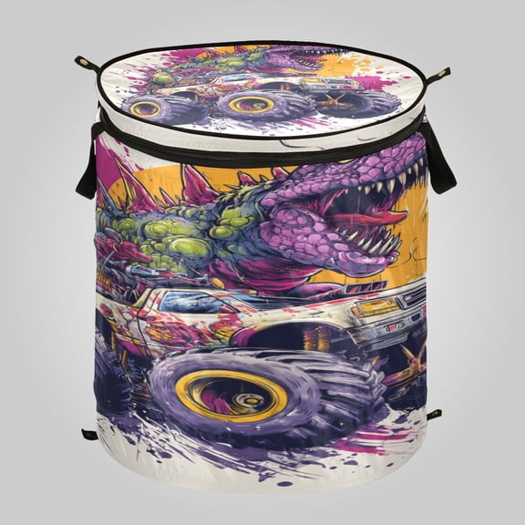 50L Large Capacity Foldable Laundry Basket, Elastic Storage Basket for Home Organization Dino-monster Truck Hybrid
