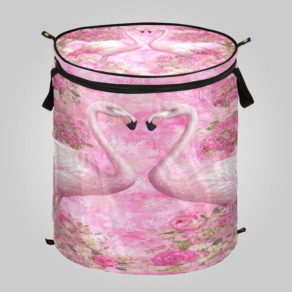 50L Large Capacity Foldable Laundry Basket, Elastic Storage Basket for Home Organization Flamingo Love Pink Paradise