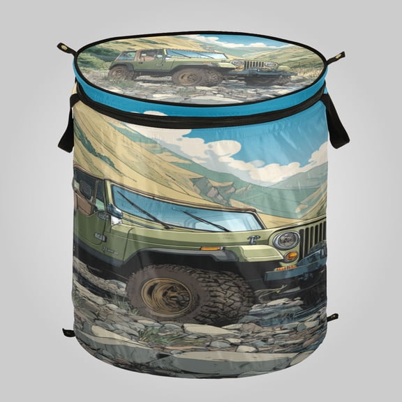 50L Large Capacity Foldable Laundry Basket, Elastic Storage Basket for Home Organization Mountain Stream Jeep Adventure