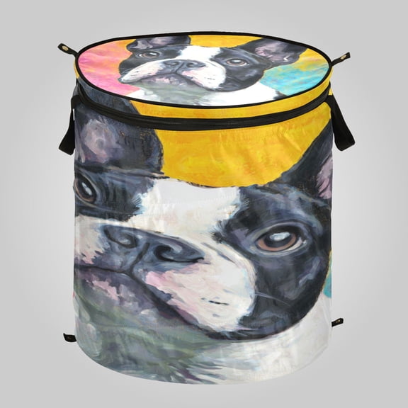 50L Large Capacity Foldable Laundry Basket, Elastic Storage Basket for Home Organization Rainbow French Bulldog Canvas