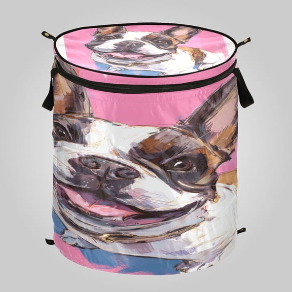 50L Large Capacity Foldable Laundry Basket, Elastic Storage Basket for Home Organization Smiling French Bulldog Painting