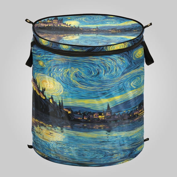 50L Large Capacity Foldable Laundry Basket, Elastic Storage Basket for Home Organization Starry Night Style Castle Lake