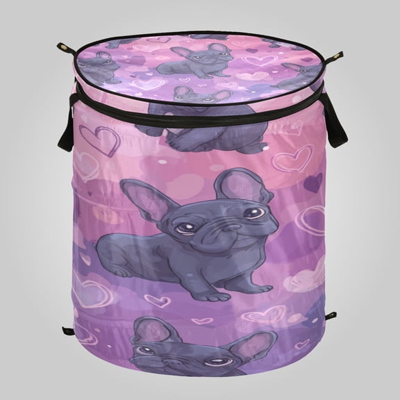 50L Large Capacity Foldable Laundry Basket, Elastic Storage Basket for Home Organization Sweet Frenchie Pink Hearts