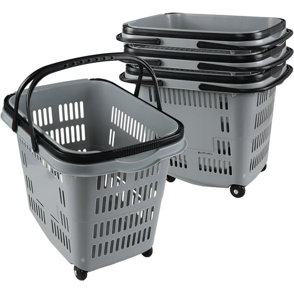50L Plastic Shopping Baskets with Wheels and Handle, 4 PCS Rolling Shopping Baskets for Supermarkets, Grey