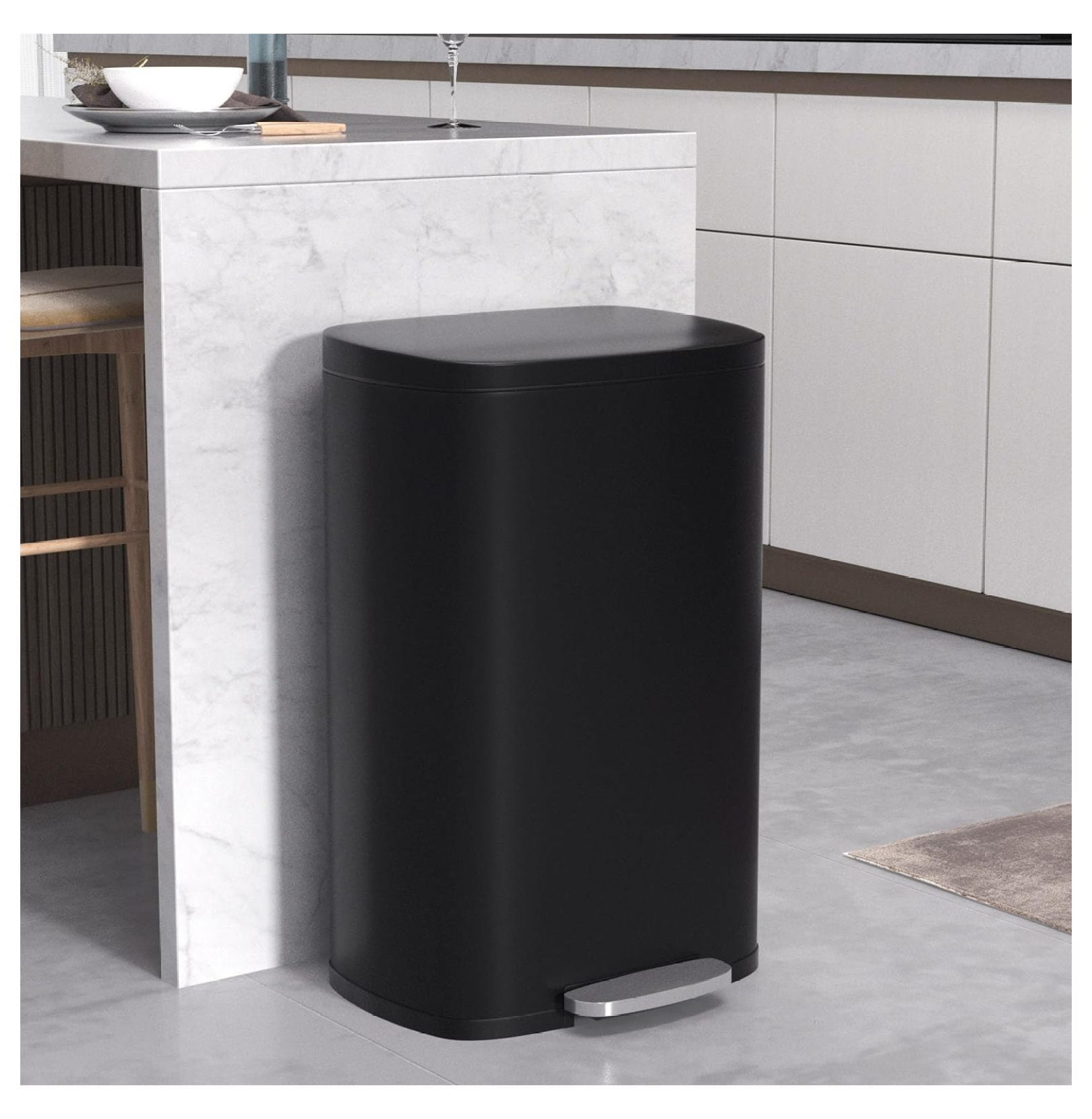 50L Stainless Steel Kitchen Trash Can with Lid, Foot Pedal, Plastic