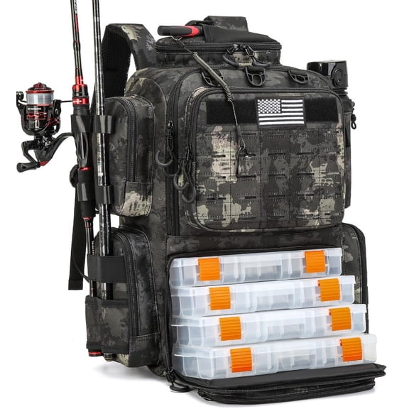50L Tactical Fishing Backpack with Cooler 4 Tackle Boxes Rod Holders & Bottle Holder | Large Insulated Fishing Gear Bag
