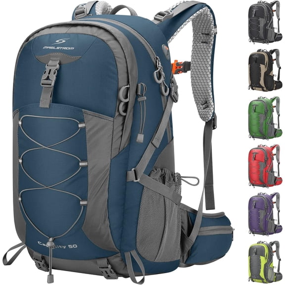 50L Waterproof Hiking Daypack with Rain Cover Lightweight Travel Backpack Blue