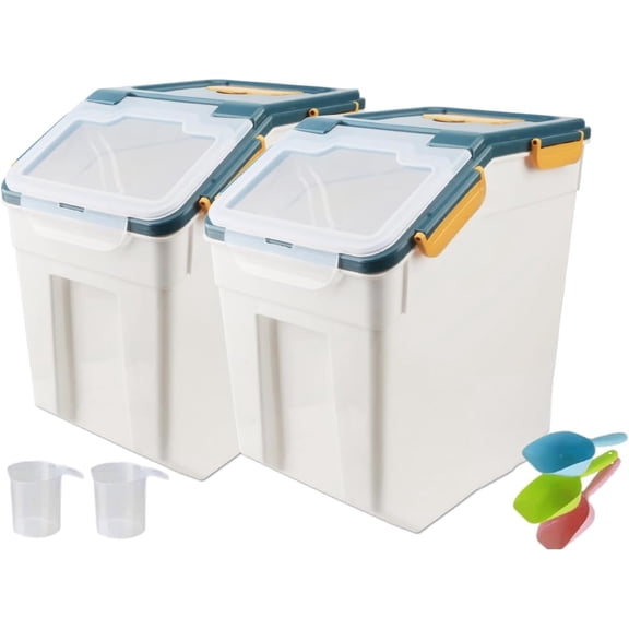 50LB Airtight Plastic Flour Storage Container Bin with Wheels and Locking Lid 2 Pack Blue