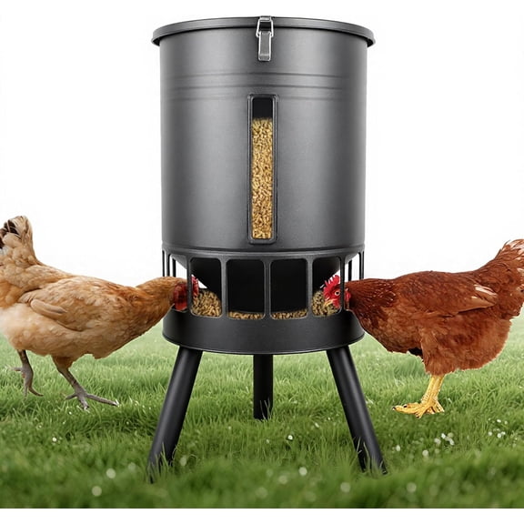 50LB Metal Chicken Feeder - No Waste, No Clog Design with 16 Ports & Smooth Gravity-Flow, Powder Coated Rust-Proof for Coop Use (Black)