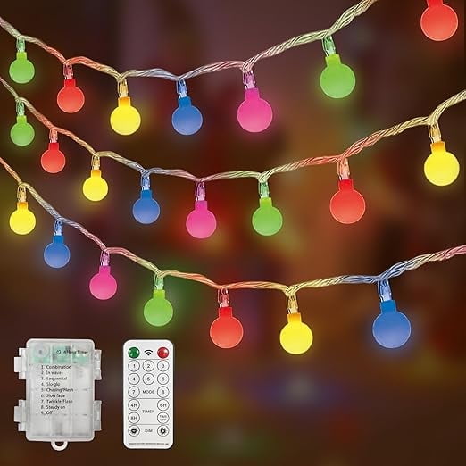 50LED Multicolor Globe String Lights, 16ft Clear Wire Fairy Lights, 8 Modes Remote Control, Waterproof 3AA Battery Operated for Christmas Tree Home Party Patio
