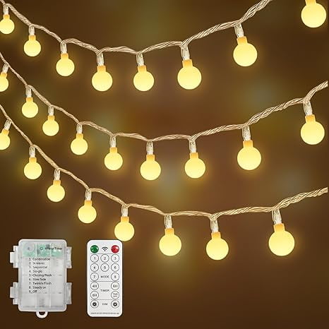 50LED Warm White Globe String Lights, 16ft Clear Wire Fairy Lights, 8 Modes 2-Channel Remote Control, Waterproof 3AA Battery Operated for Christmas Tree Home Party Patio