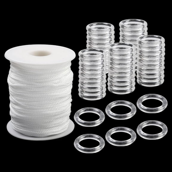50M/55 Yards Roman Shade Lift Cord Shade Cord Repair Kit with 100Pcs Curtain Rings Round White Nylon Replacement Plastic Curtain Rope Set Accessories