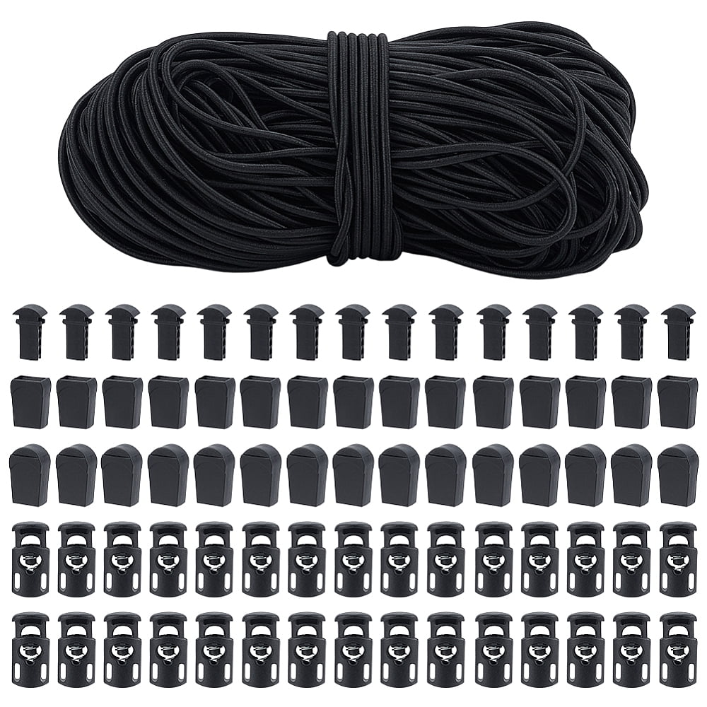 50M Polyester Round Elastic Cords with 30Pcs Plastic Cord Locks and 30Pcs Plastic Zipper Pull Cord Ends for Cord Tether Tip Cord Lock Black