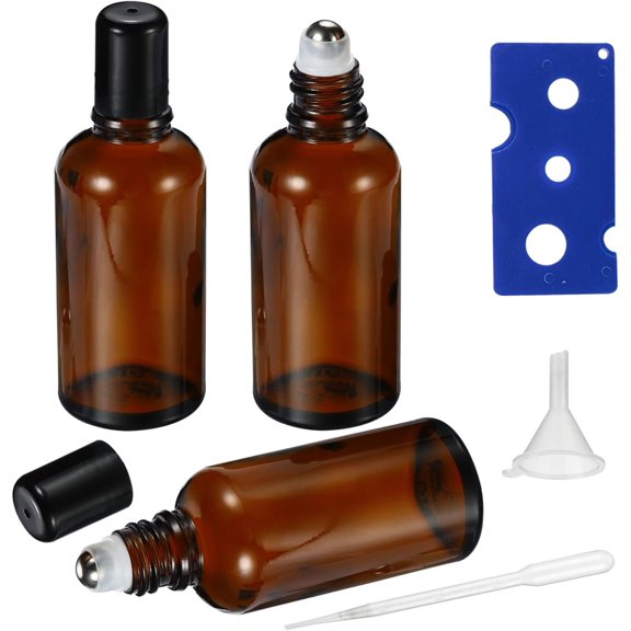 50ML Roller Bottles for Essential Oil, 3 Pack Empty Glass Roller Bottle for Perfume Oil, Roll Bottles with Stainless Steel Roller Balls, Opener, Funnel and Dropper