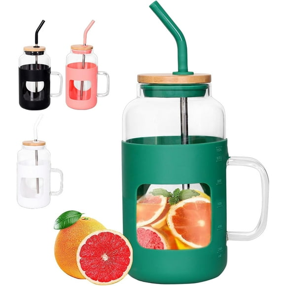 50OZ Glass Tumbler with Bamboo Lid and Straw, Glass Water Bottles with Silicone Sleeve, Iced Coffee Cup with Handle, Drinking Glasses for Boba Cup,Smoothie Cup - Green