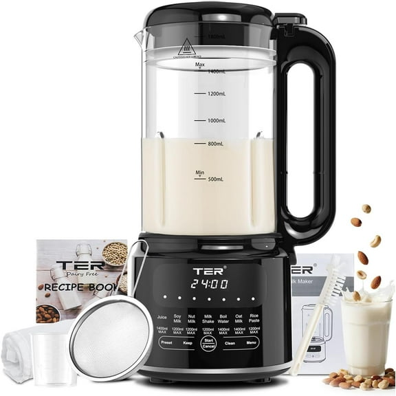 50OZ Nut Milk Maker Machine, 10-in-1 Soy Milk Maker for Almond/Oat/Soy Milk, Juice, Milkshake, Rice Paste, Auto Clean/24H Preset Time/12H Keep Warm, with 7 Accessories, Black