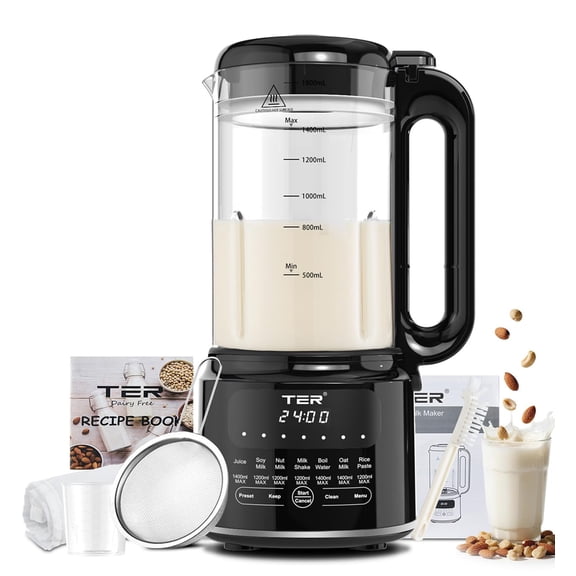 50OZ Nut Milk Maker Machine, TER 10-in-1 Soy Milk Maker for Almond/Oat/Soy Milk, Juice, Milkshake, Rice Paste, Auto Clean/24H Preset Time/12H Keep Warm, with 7 Accessories, Black Y101