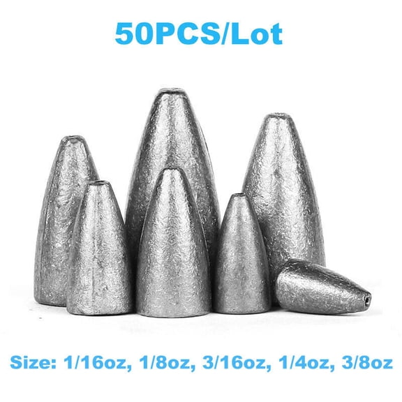 50PC Bullet Fishing Weights Sinkers Bass Worm Weights Slip Sinker Assorted Set