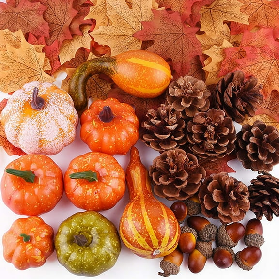 50PC Fall Artificial Pumpkin Decoration Set, Simulation Pumpkin Decor with Pinecone, Maple Leaf and Gourd, Fake Pumpkin Fall Table Decor, Thanksgiving Table Centerpieces for Wedding Party