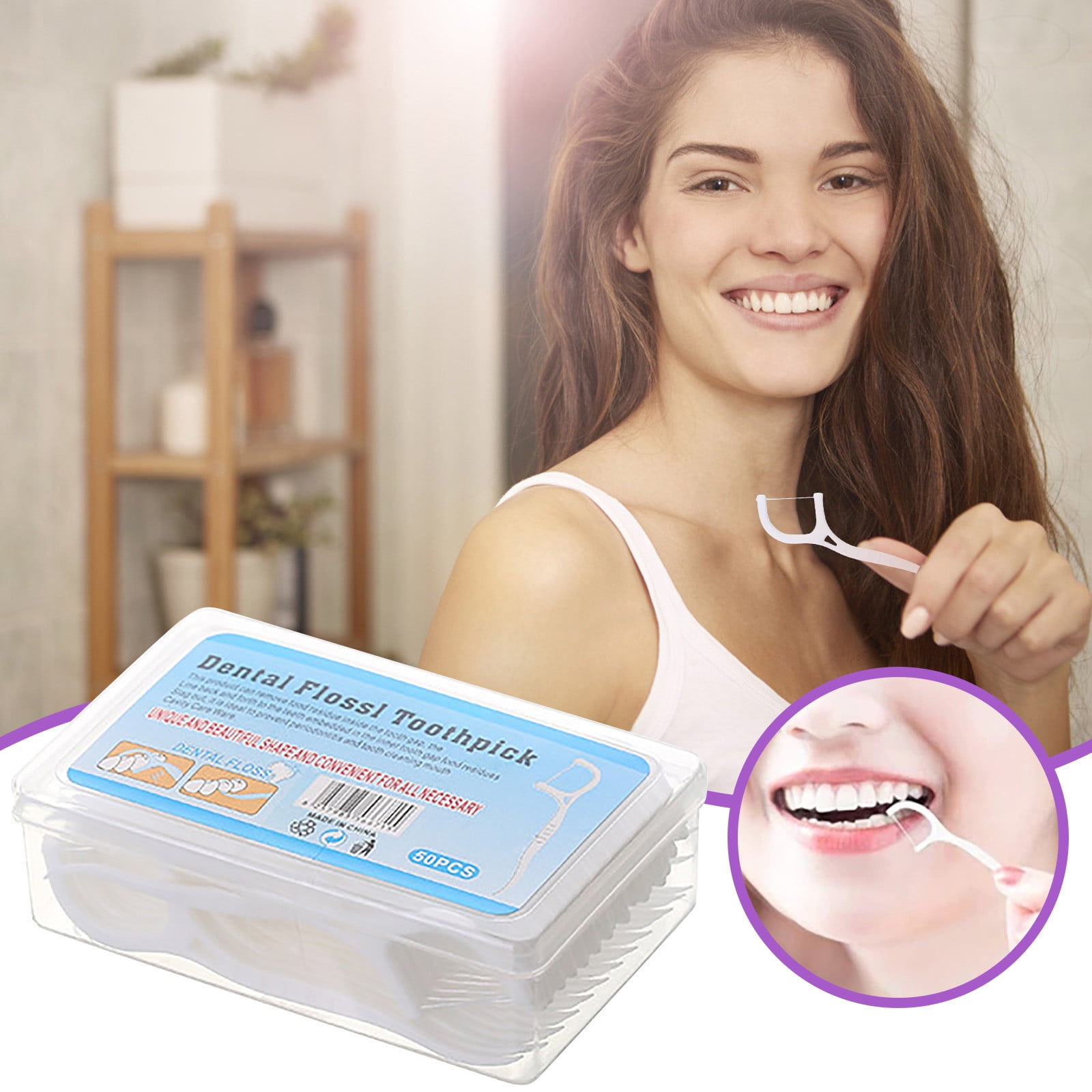 50PC Floss Sticks Tooth Picks Teeth Plaque Remover Interdental 2 In 1