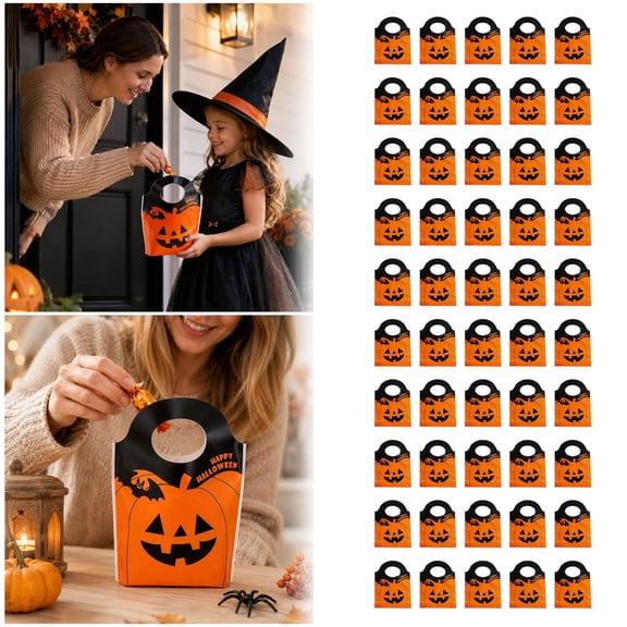 50PC Halloween Portable Pumpkin Candy Storage Bucket With Handle, Reusable Pumpkin Treat Collecting Pail For Trick-Or-Treat Party Food Storage