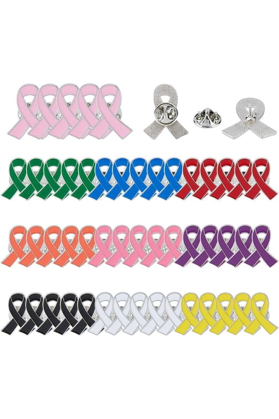 50PCS 10 Colors Breast Cancer Awareness Lapel Pins Ribbon Enamel Pins Alloy Badges Hope Ribbon Lapel Pins for Charity Recognition Public Event